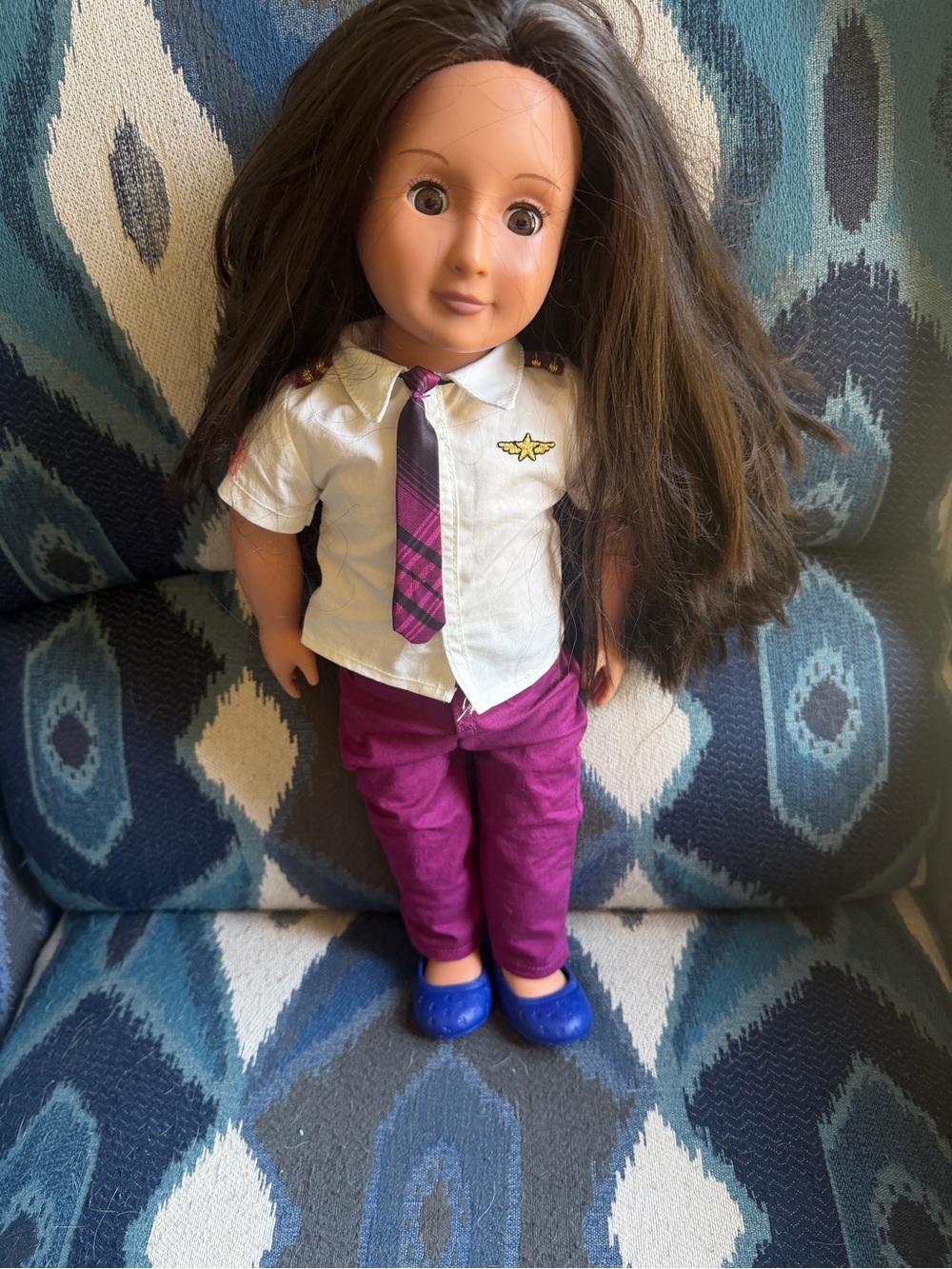 Kids Fashion Doll in White Shirt and Purple Pants with Plaid Tie